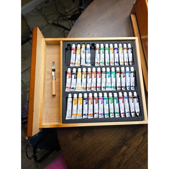 Wooden Art Set With Pencils Paints & Palette Knife In Portable Artist Case - Picture 7 of 16